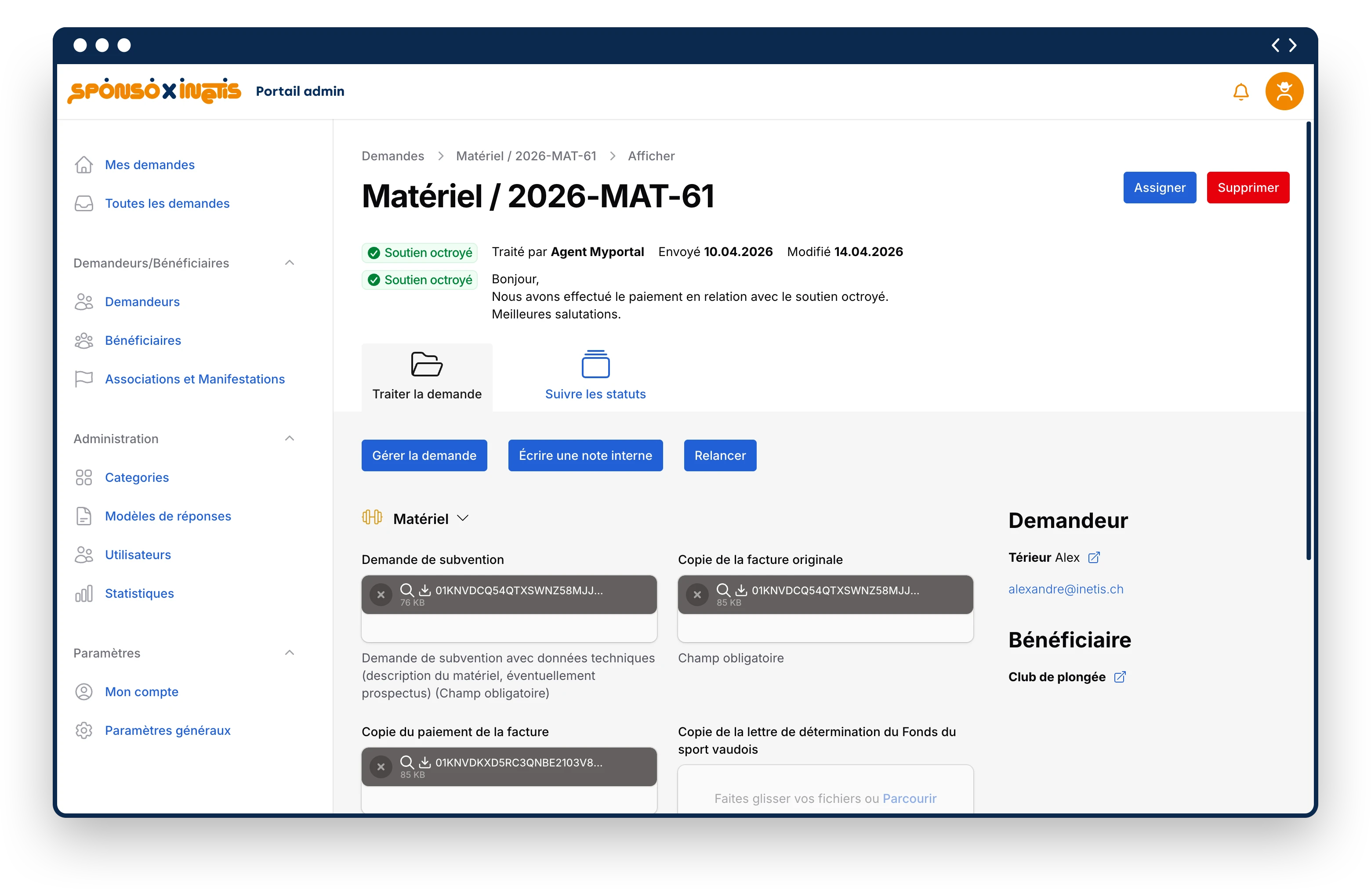Interface "administrateur" pour gérer une demande