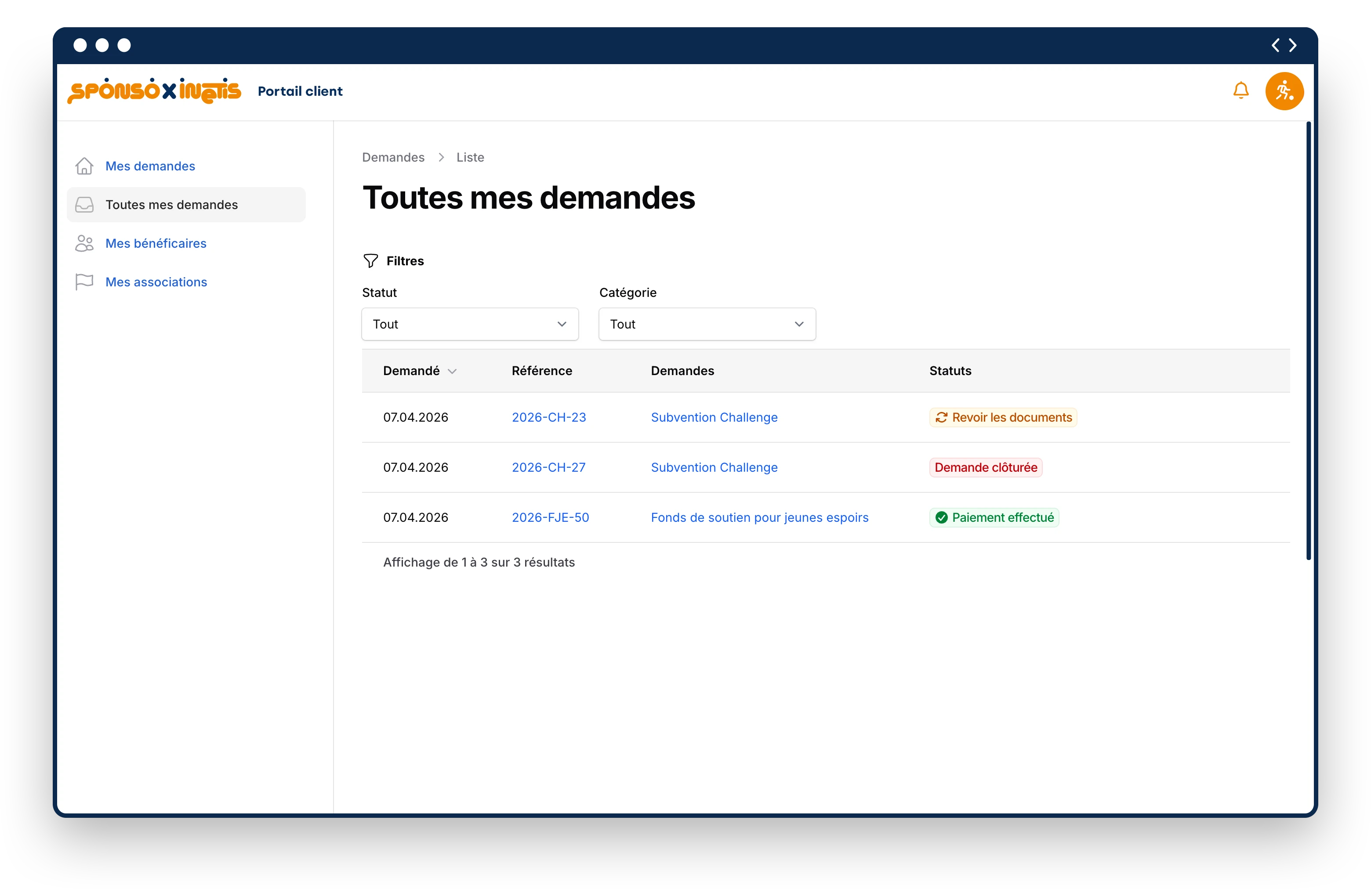 Tableau de bord "demandeur"